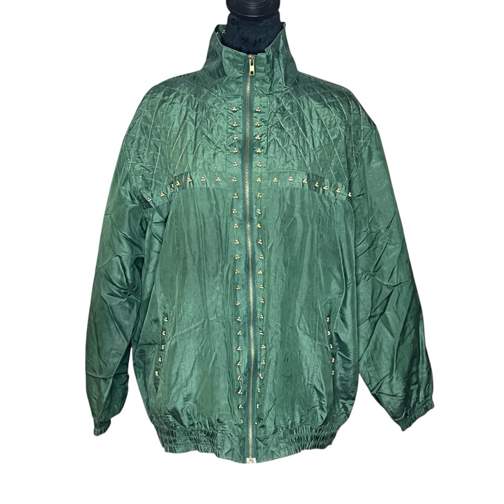 VINTAGE ATLANTIC BEACH Green Silk Full Zip 80s 90s Retro Bomber Windbreaker M